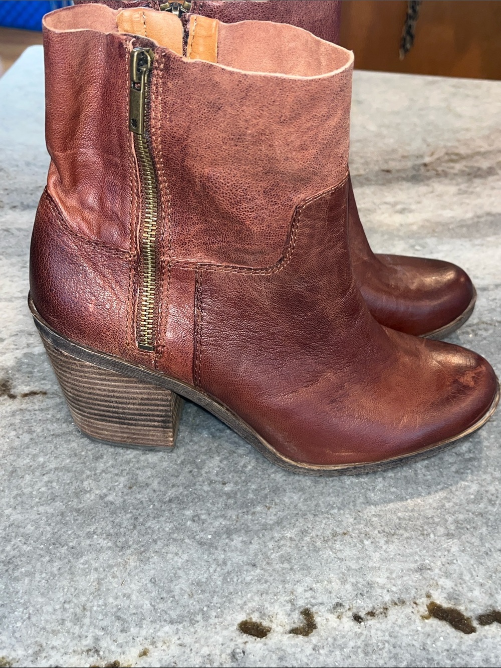 Women's Lucky Brand Brown Leather Ankle Bootie with Block Heel and Side Zip - Picture 6 of 11